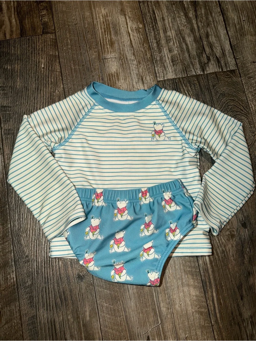 Kids Blue Striped Rash Guard Set with Playful Bear Print